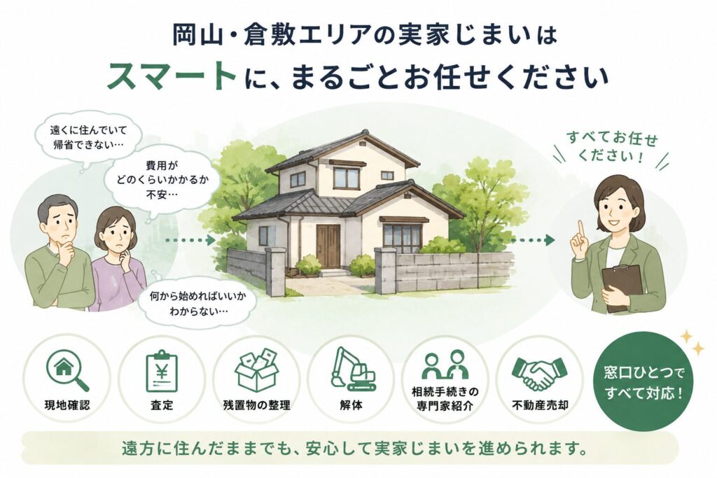 スマート実家じまいの特徴｜現地確認・査定・残置物整理・解体・相続手続き・不動産売却を一括対応